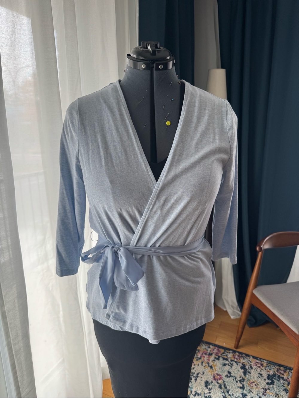 Tristan Light Blue Wrap-Front Robe Top with Tie
